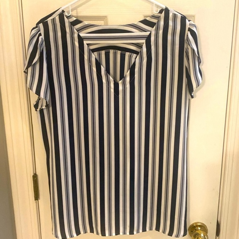 LOFT Navy and White Vertical Stripe V-Neck Blouse